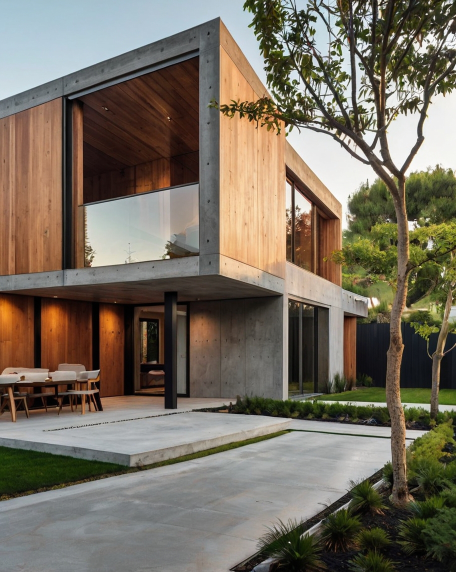 Default minimalist concrete wooden house with backyard landsca 3