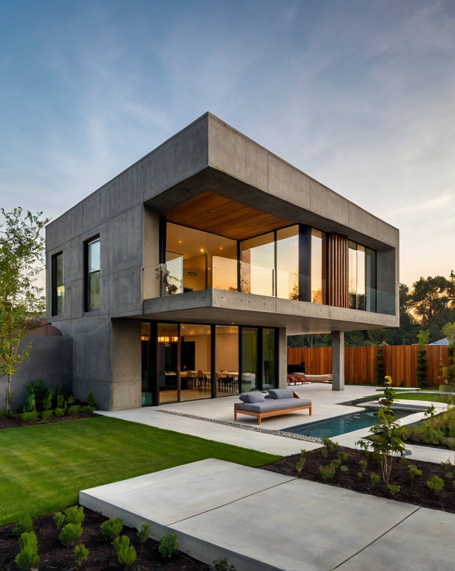 Default modern concrete house with backyard landscaping 0