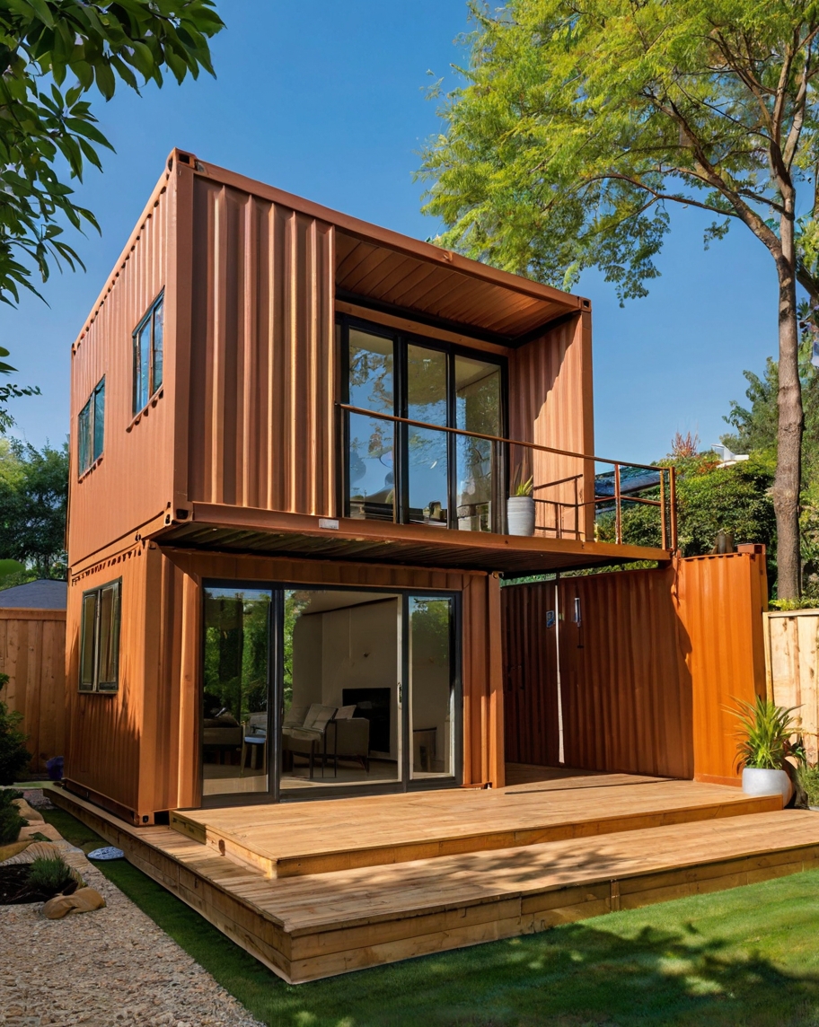 Default modern container wooden house with backyard landscapin 0