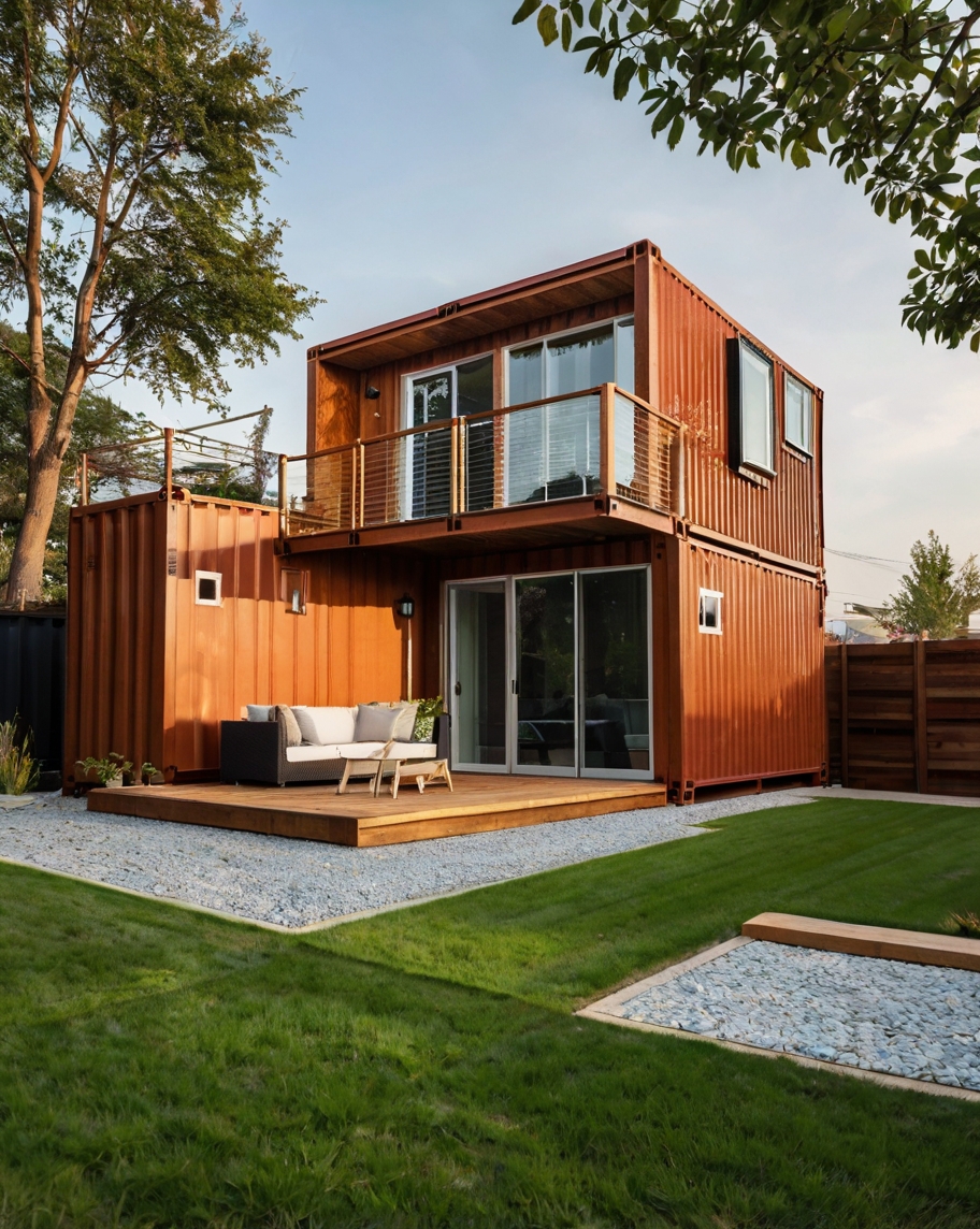 Default modern container wooden house with backyard landscapin 1