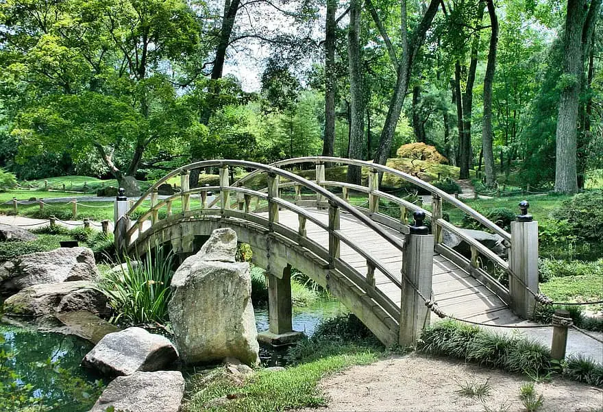 bridge japanese garden arch park gardening green peaceful tranquil path