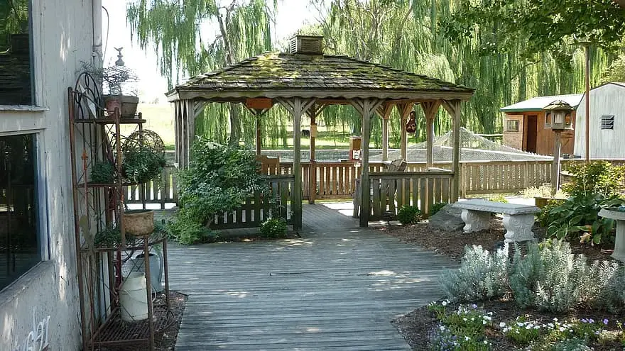 gazebo deck shade patio trees relaxation outdoors backyard pergola