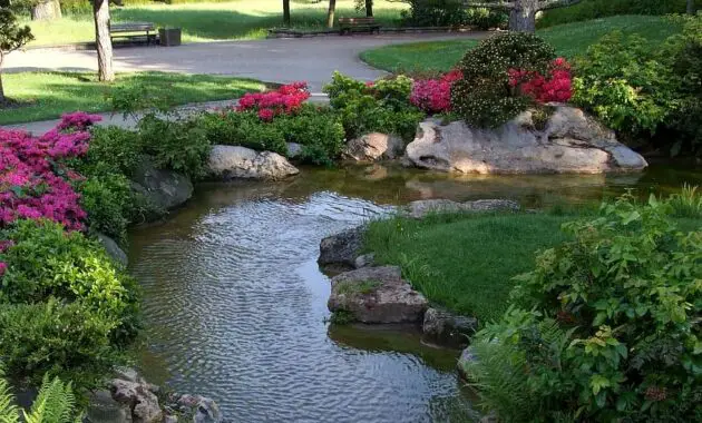 landscape japanese garden dusseldorf north park park flowers spring bach water