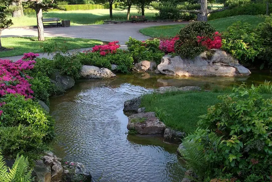 landscape japanese garden dusseldorf north park park flowers spring bach water