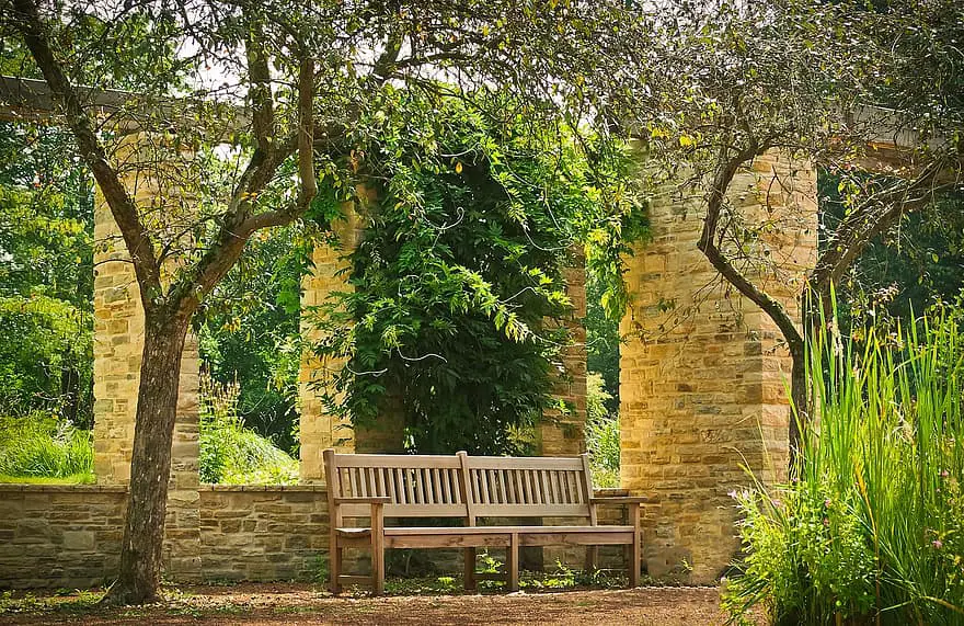 park bank park bench wood sun rest garden seating furniture plant