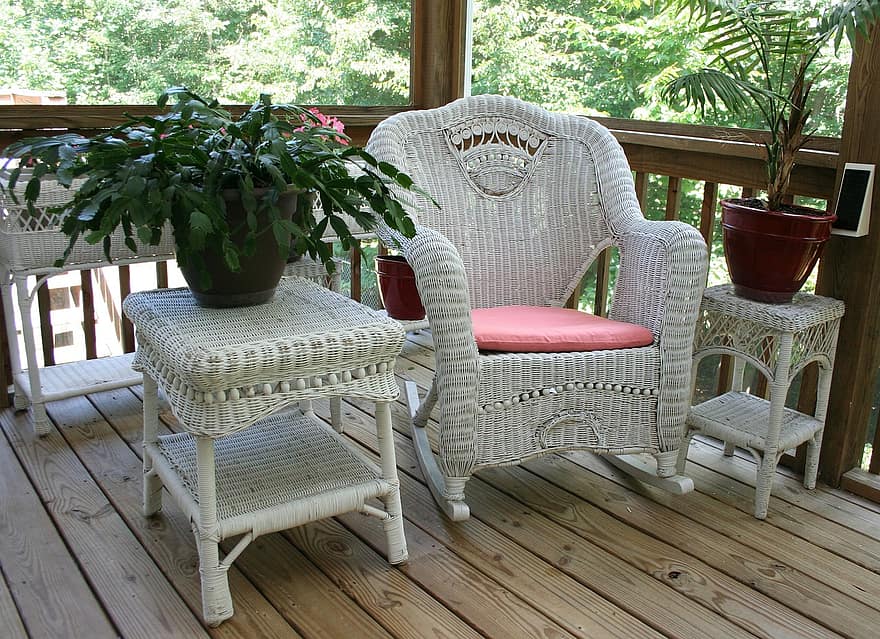 wicker rocking chair porch white table wicker home wood furniture seat relax
