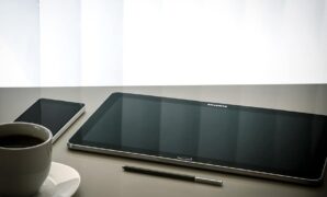 workplace modern tablet screen work desk coffee pen touch samsung