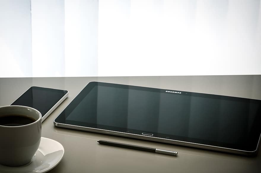 workplace modern tablet screen work desk coffee pen touch samsung