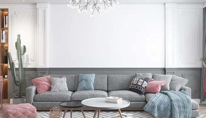 Beautiful pink accent living room with wood material touch