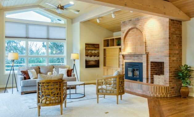 Design of Living room brick fireplace