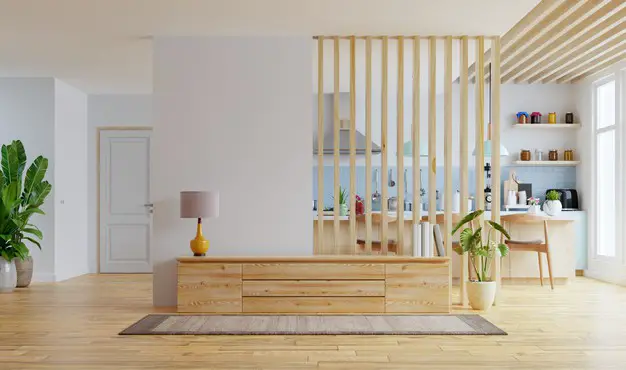 open area kitchen room with hanging wood wall decor