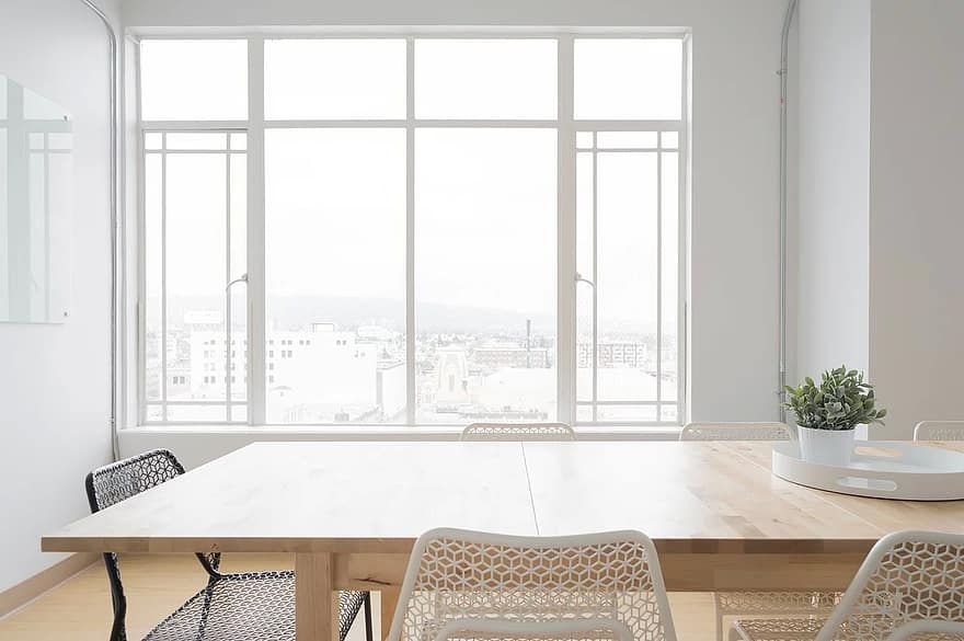 white room table chairs window glass vase flower plant