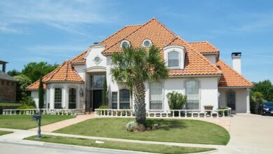 spanish style red brick tiles roof blue sky home house residence palm tree