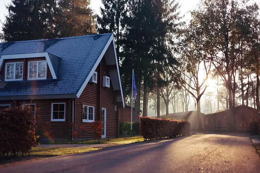 houses tiled roofs attic windows suburbs flags flagpoles homes sunshine pinetrees