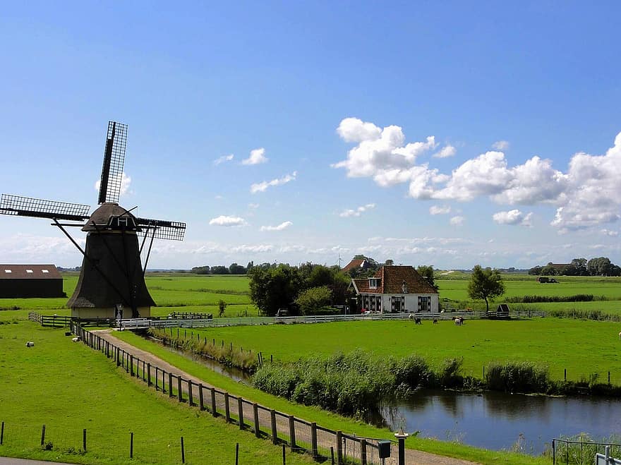 netherlands landscape sky clouds windmill house barn home scenic