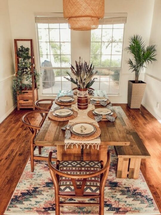 bohemian dining table with long bench
