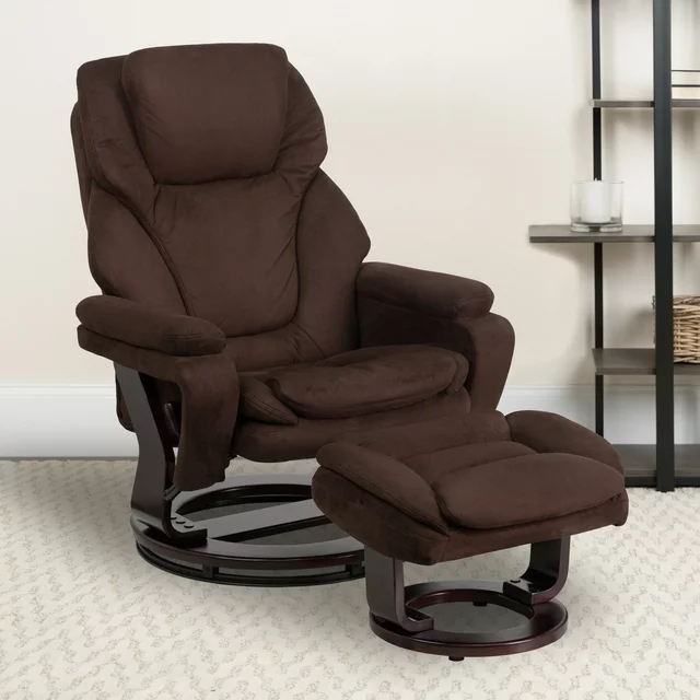 Flash Furniture Contemporary Microfiber Recliner and Ottoman with Swiveling Mahogany Wood Base