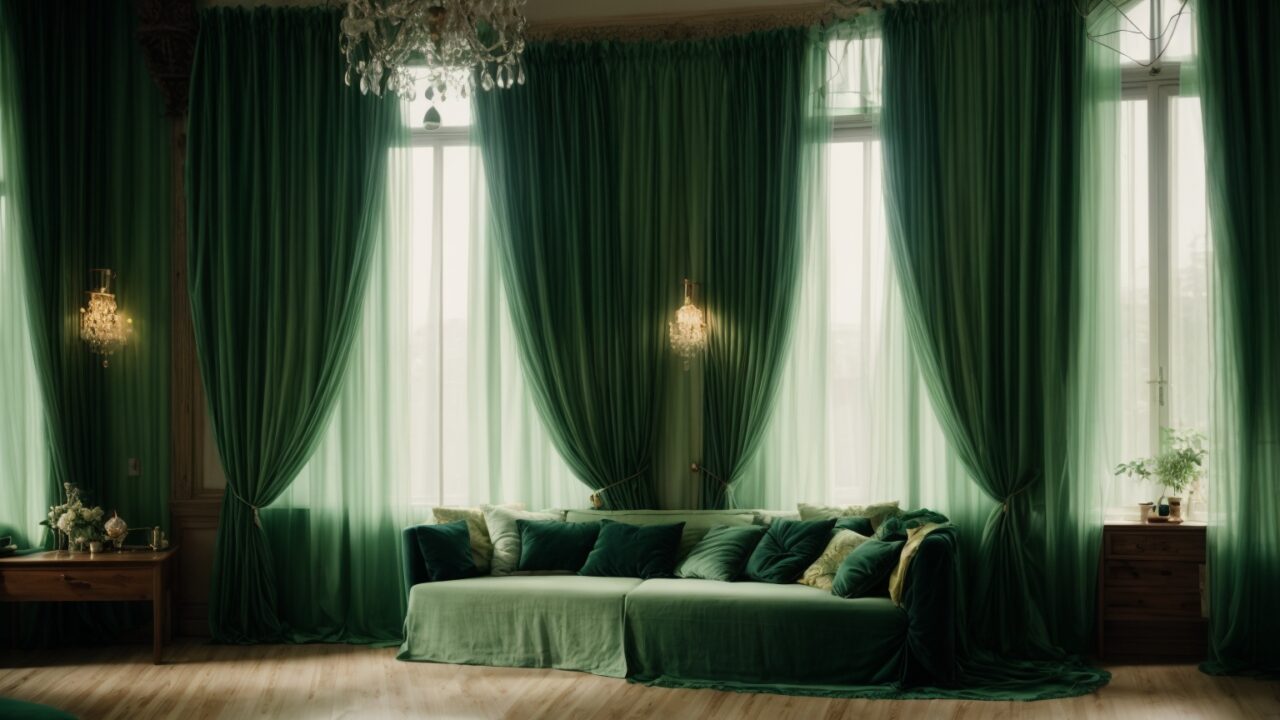 Default realistic green curtains with living room 0