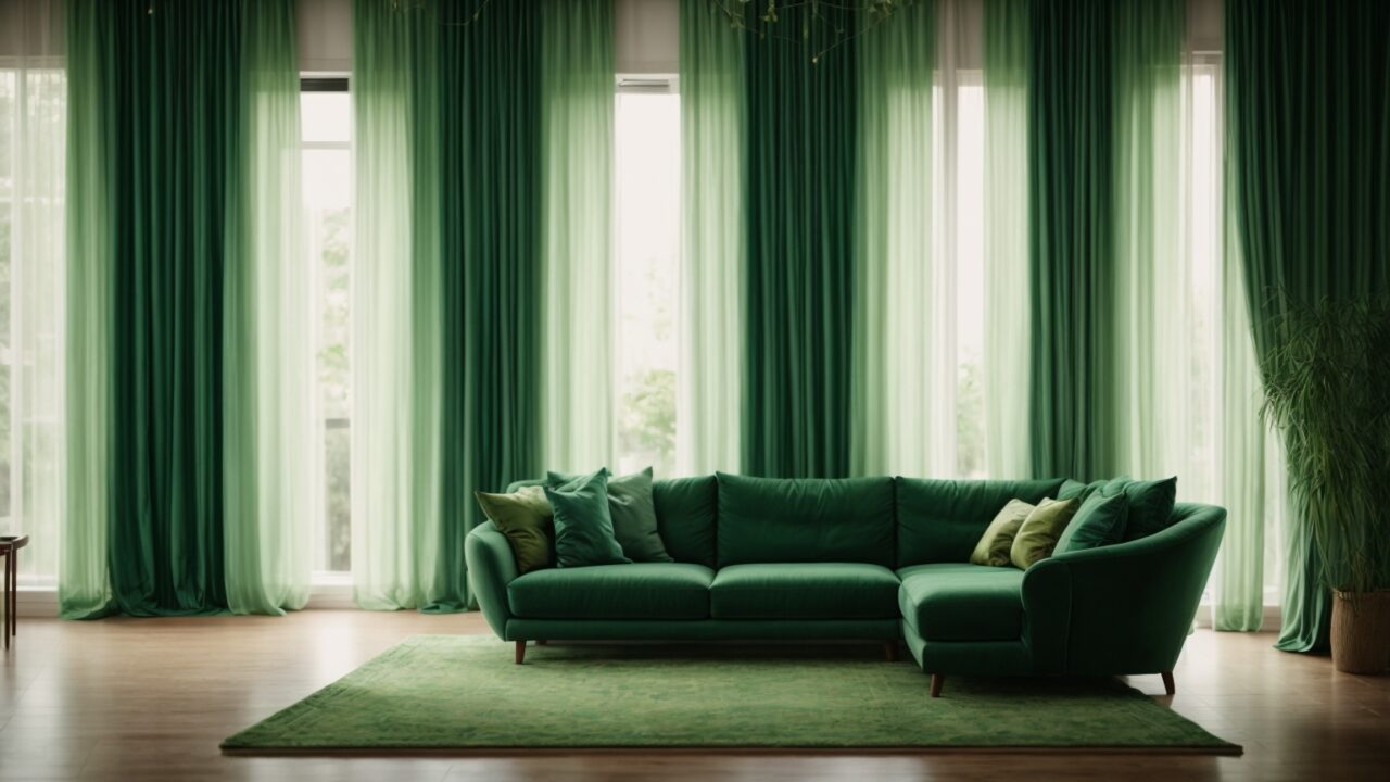 Default realistic green curtains with living room 1