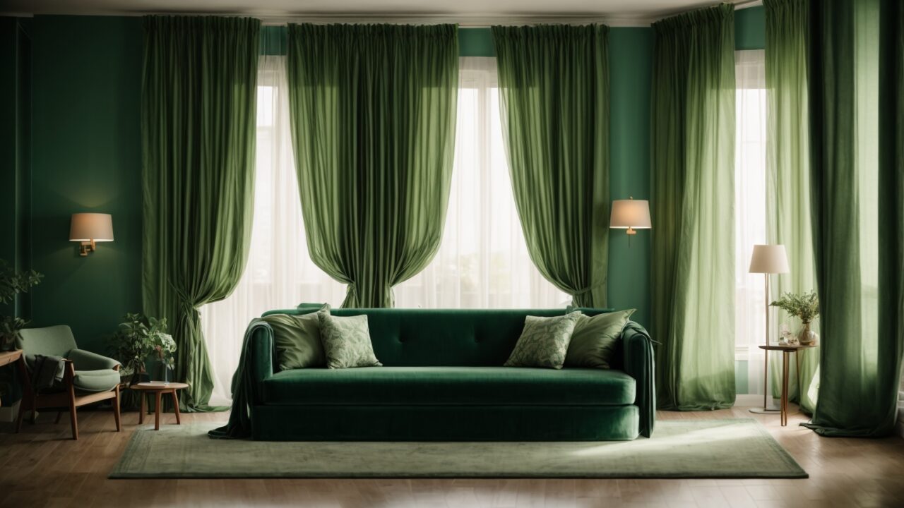Default realistic green curtains with living room 2