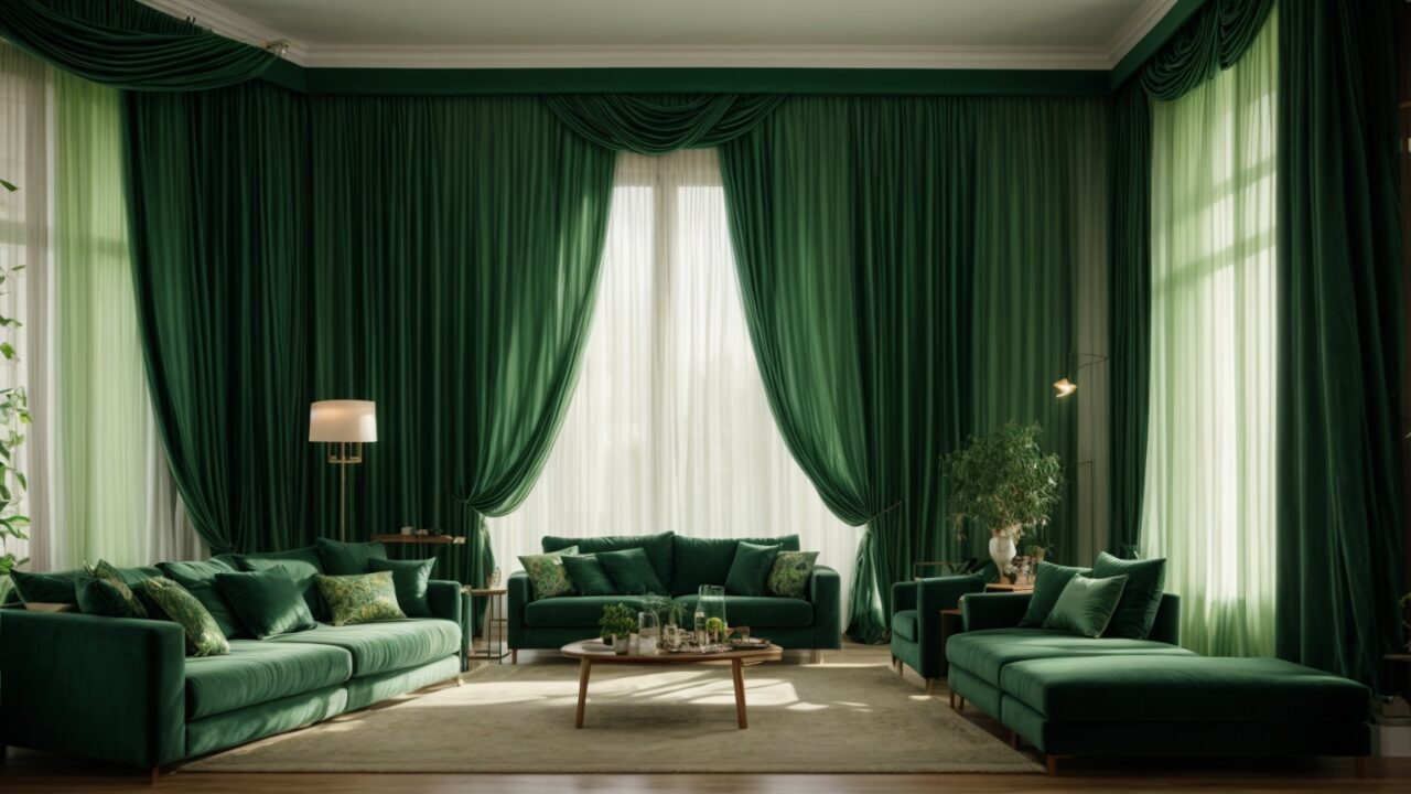 Default realistic green curtains with living room 3