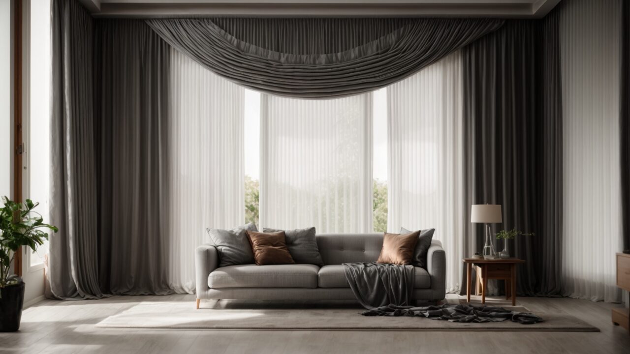 Default realistic smooth grey curtains with living room 0