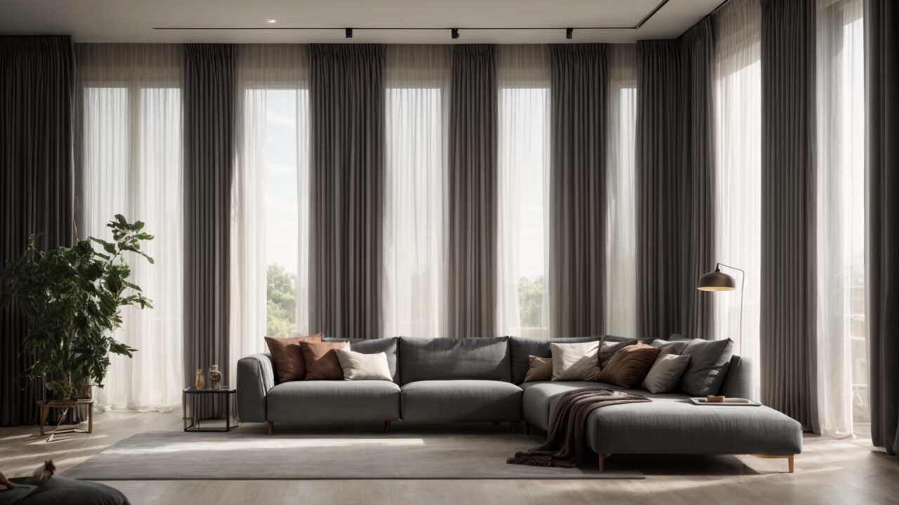 Default realistic smooth grey curtains with living room 1