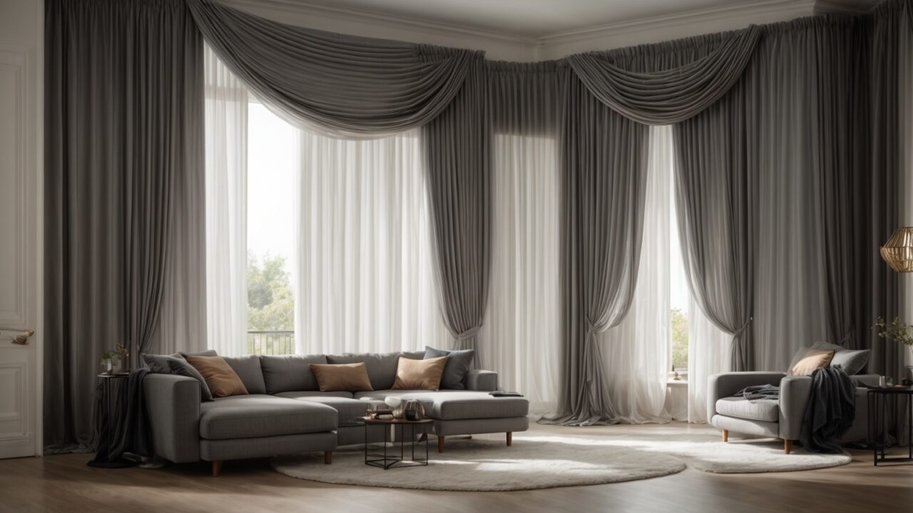 Default realistic smooth grey curtains with living room 2