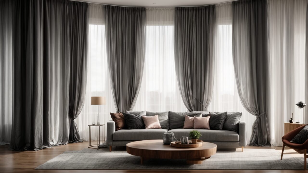 Default realistic smooth grey curtains with living room 3