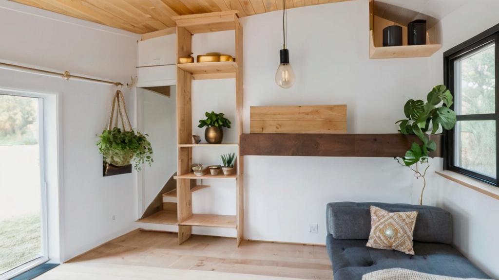 Default Tiny House Interior with floating shelves Ditch bulky 1