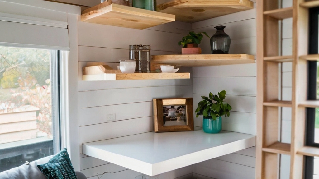Default Tiny House Interior with floating shelves Ditch bulky 2 1