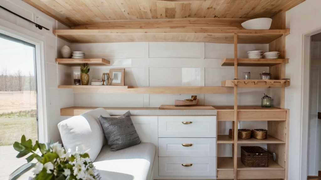Default Tiny House Interior with floating shelves Ditch bulky 2