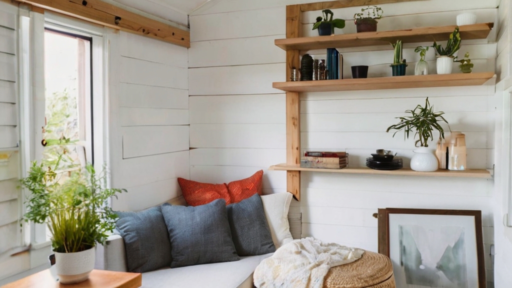 Default Tiny House Interior with floating shelves Ditch bulky 3