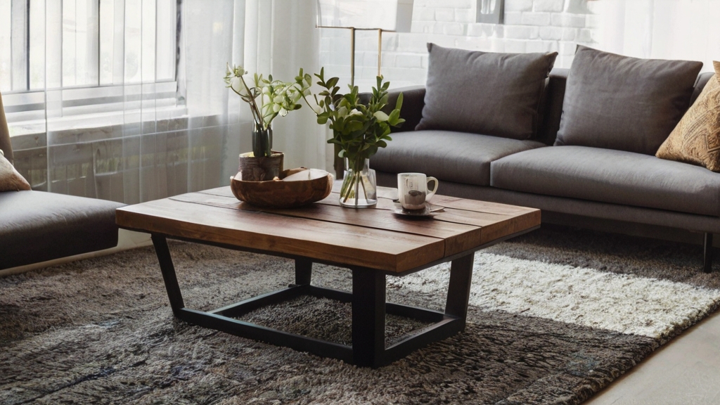 Default metal and Wood industrial coffee table with Rug Contr 0