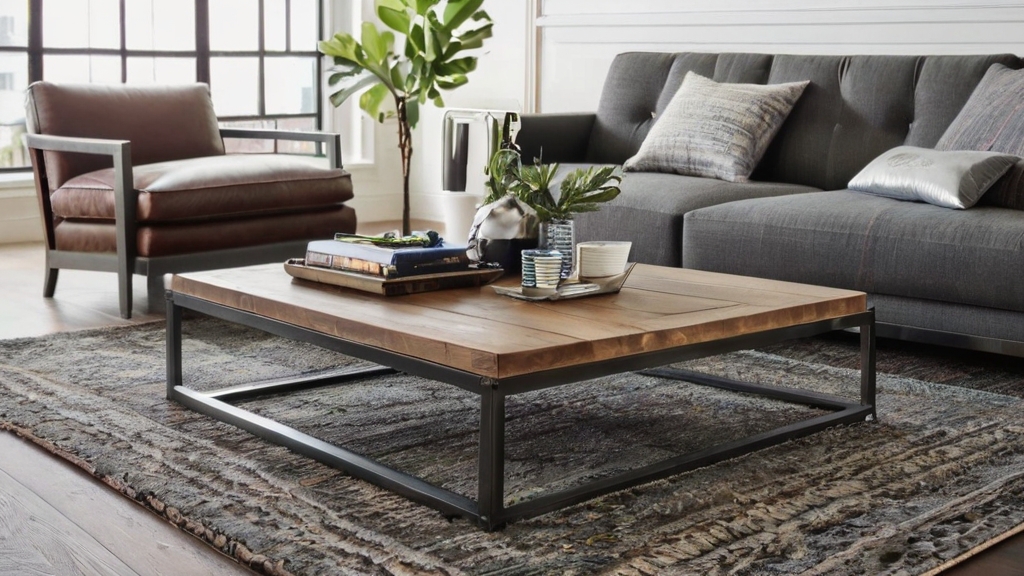 Default metal and Wood industrial coffee table with Rug Contr 2