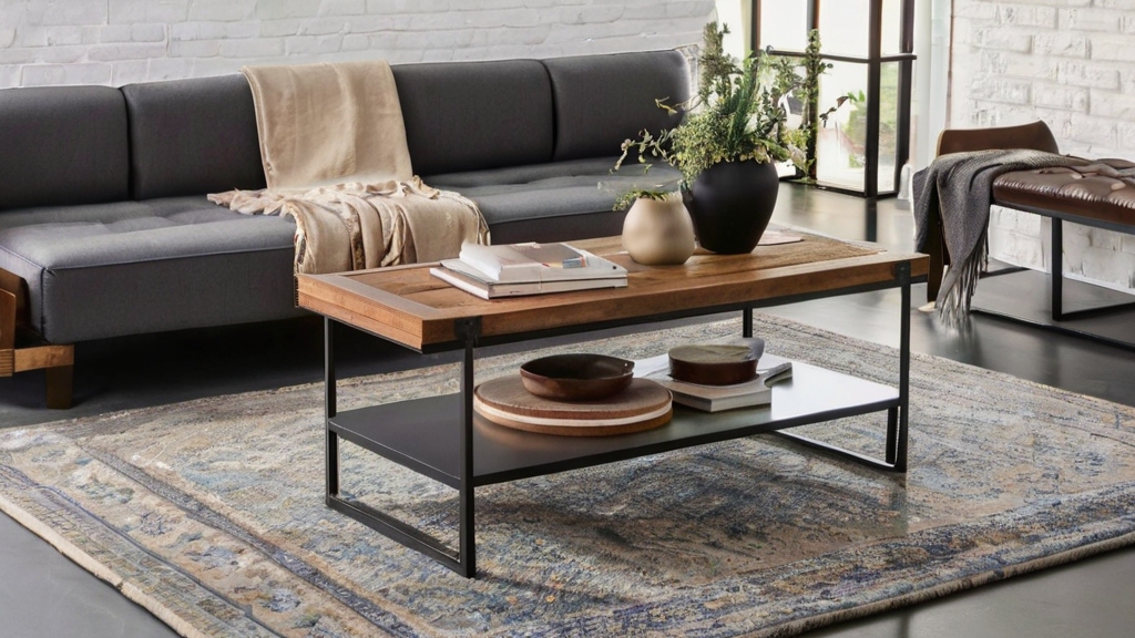 Default metal and Wood industrial coffee table with Rug Contr 3