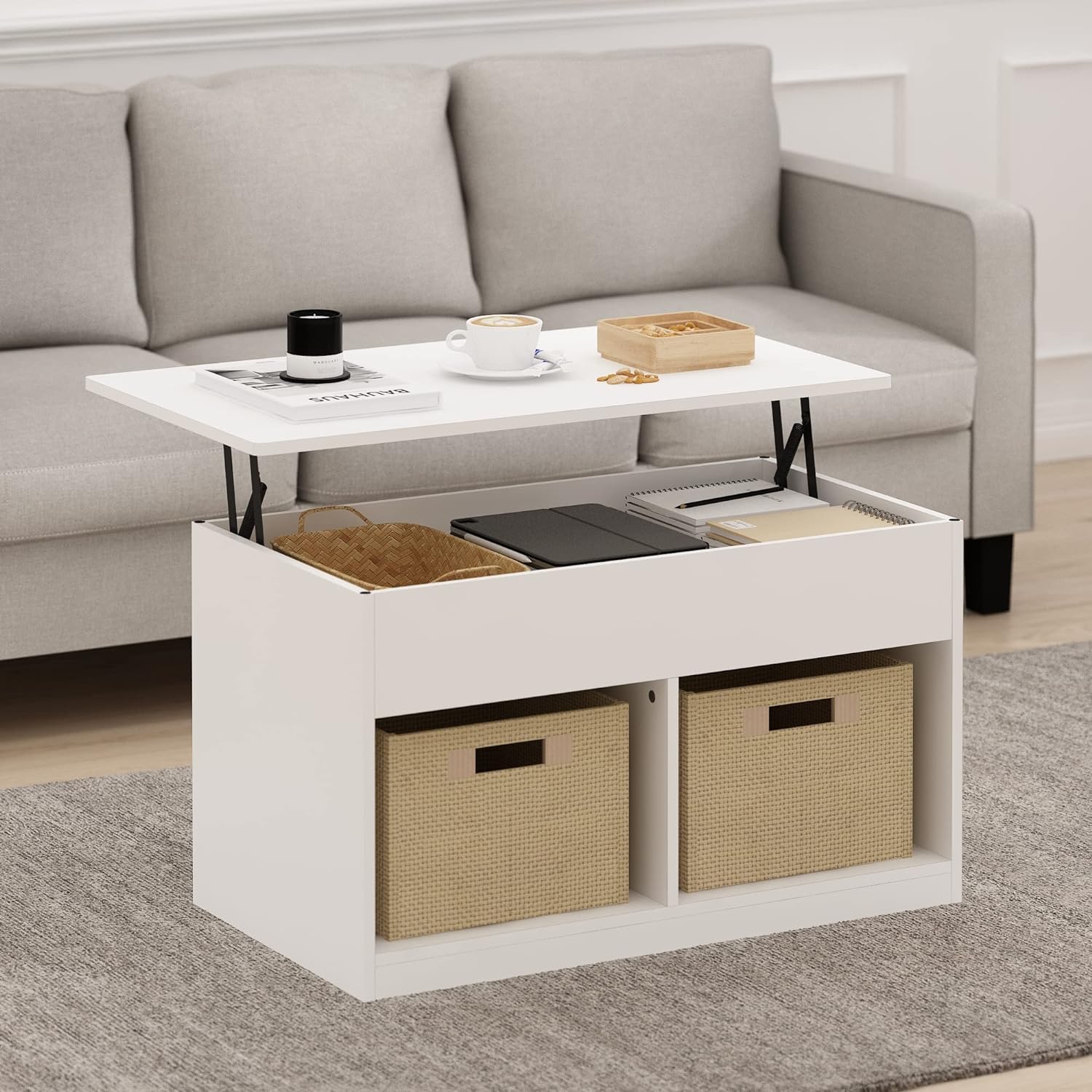 Furinno Jensen Living Room Lift Top Coffee Table with Hidden Compartment Solid White