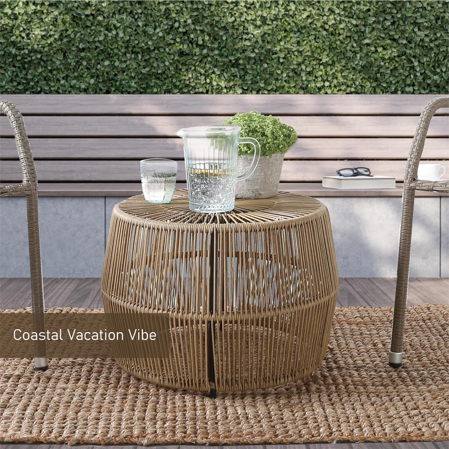 Muse Lounge Co. Ysar Boho Rattan Round Coffee Table Outdoor with Metal Frame All Weather and Rust Resistant