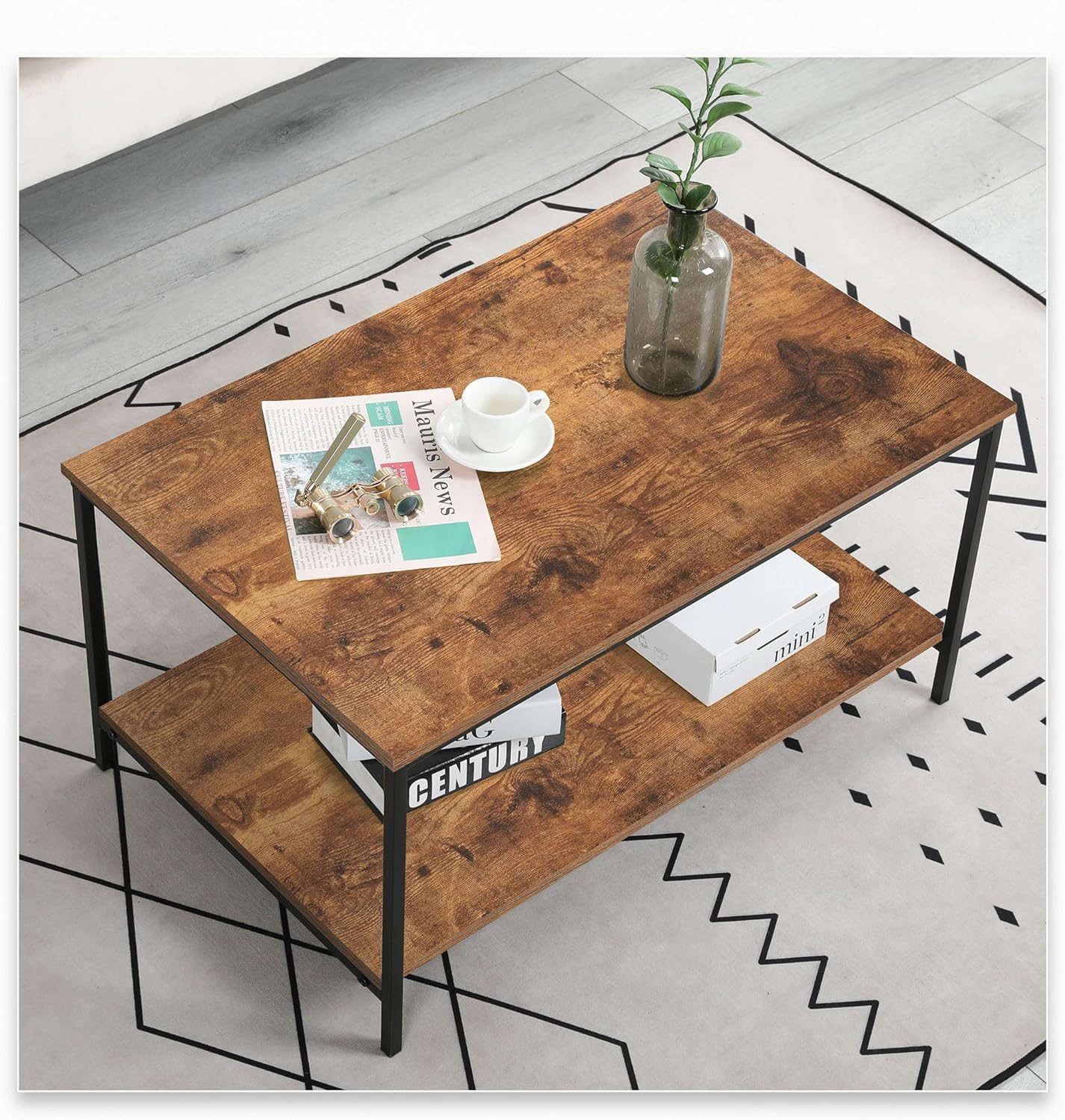 SENIG Small Brown Rectangle Wood and Metal Coffee Table