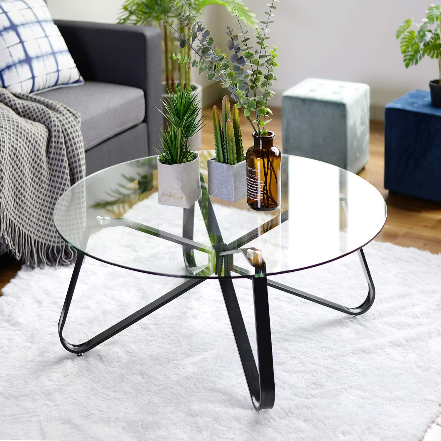 Tempered Glass Top Black Metal Center Tables Small Circle Modern for Living Room