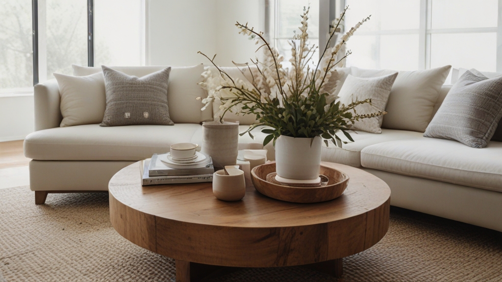 Default minimalist living room wide angle Round Wood Coffee Ta 0