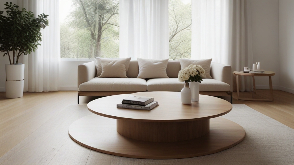 Default minimalist living room wide angle Round Wood Coffee Ta 2 3