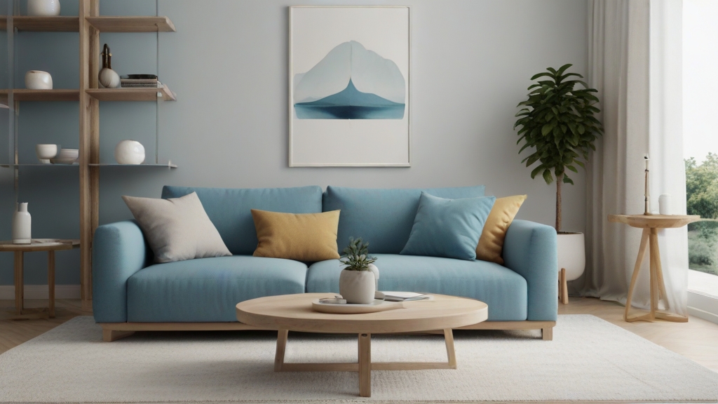 Default minimalist living room wide angle with soft blue sofa 0