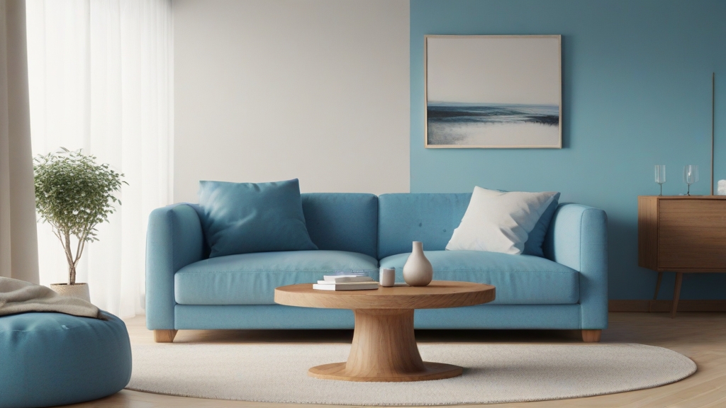 Default minimalist living room wide angle with soft blue sofa 1