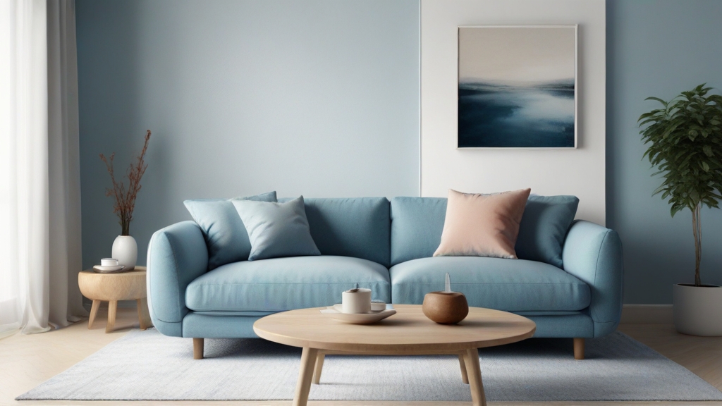 Default minimalist living room wide angle with soft blue sofa 2