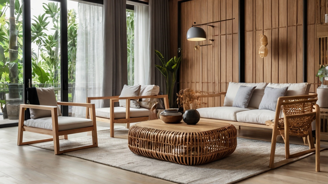 Default Modern wooden living room with minimalist rattan table 1