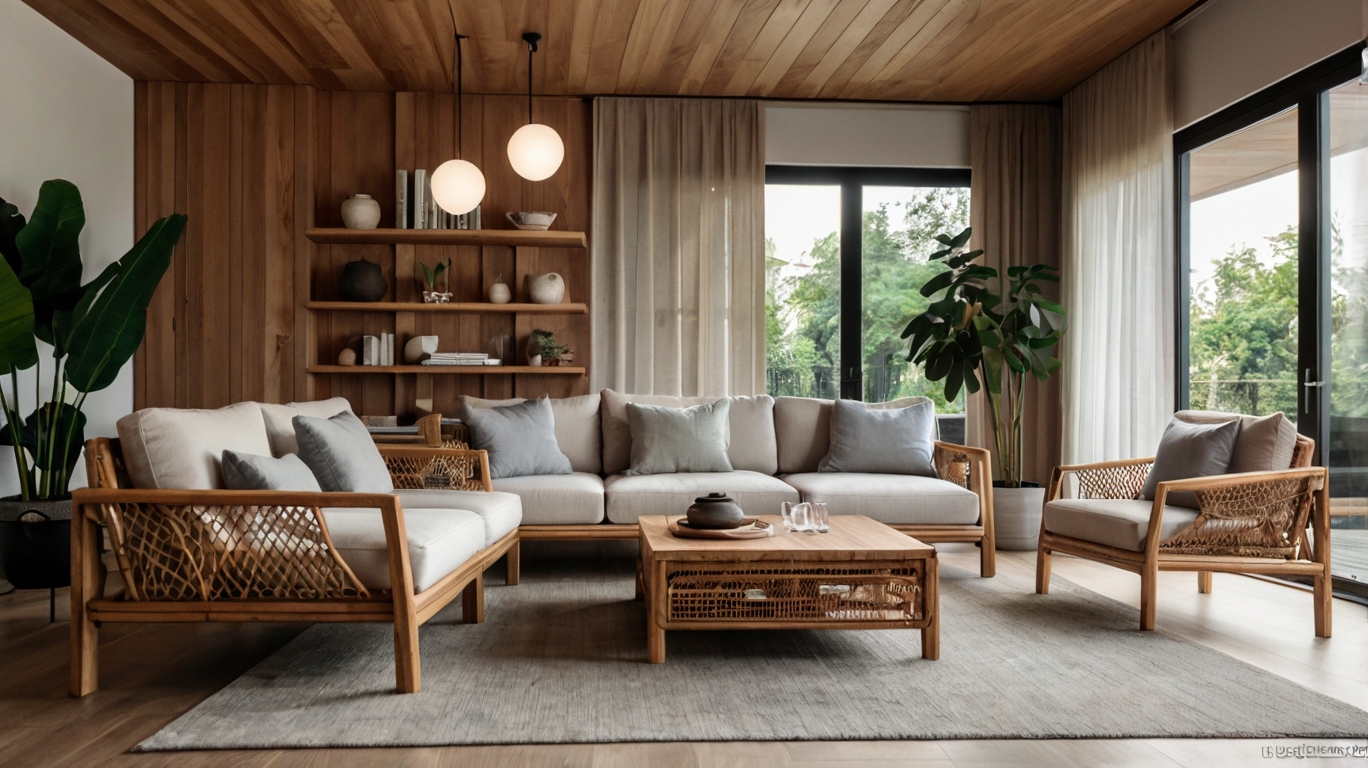 Default Modern wooden living room with minimalist rattan table 2