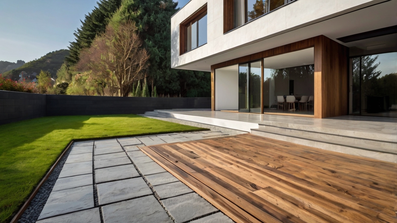 Default minimalist house with Paving Slabs on a Slope and wood 0