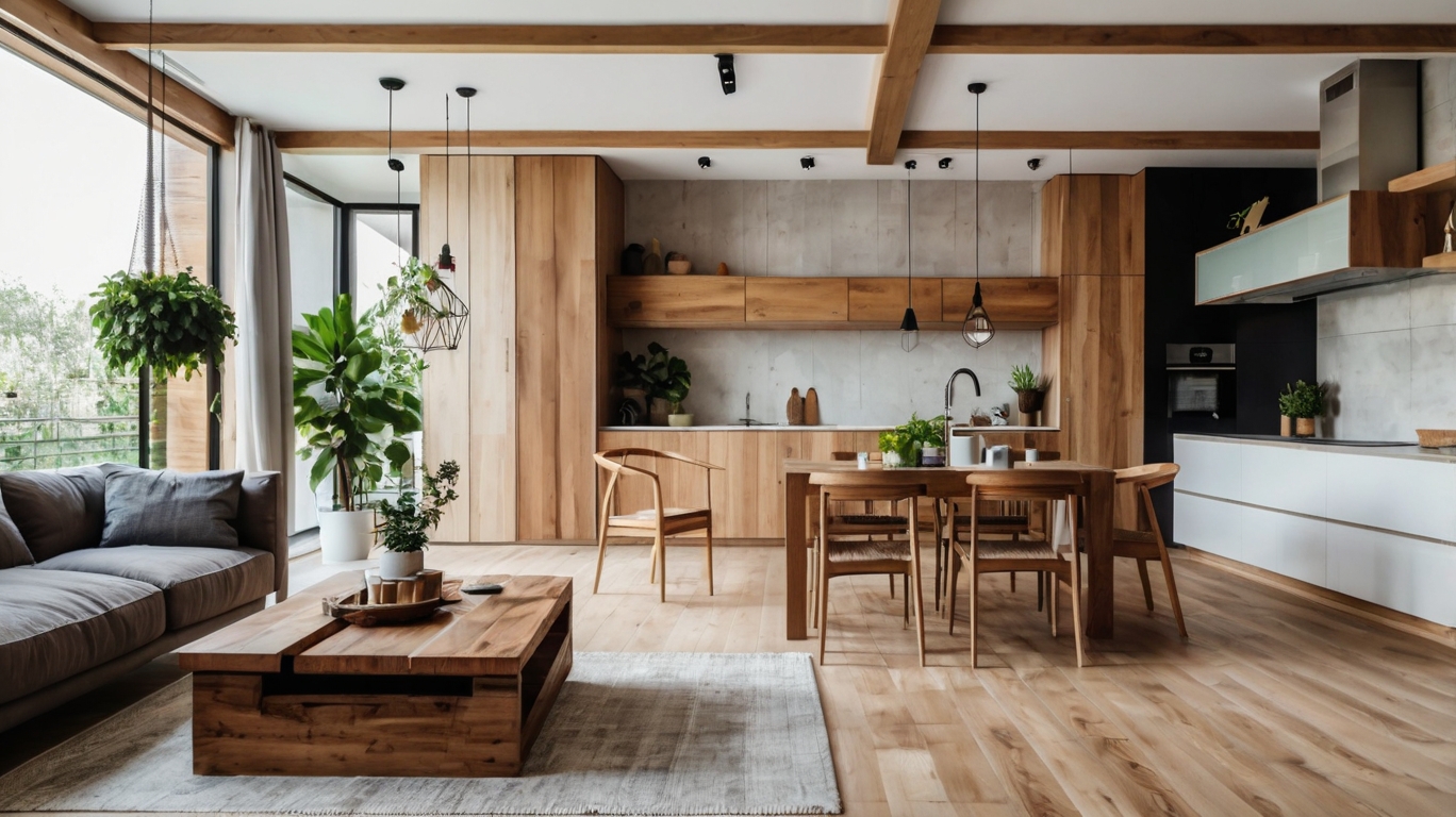 Default minimalist wooden and bright living room and kitchen w 0