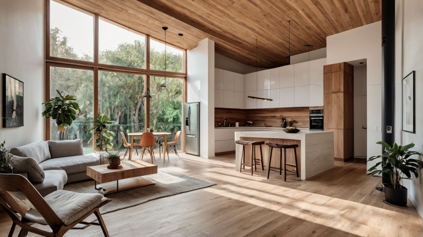 Default minimalist wooden and bright living room and kitchen w 2